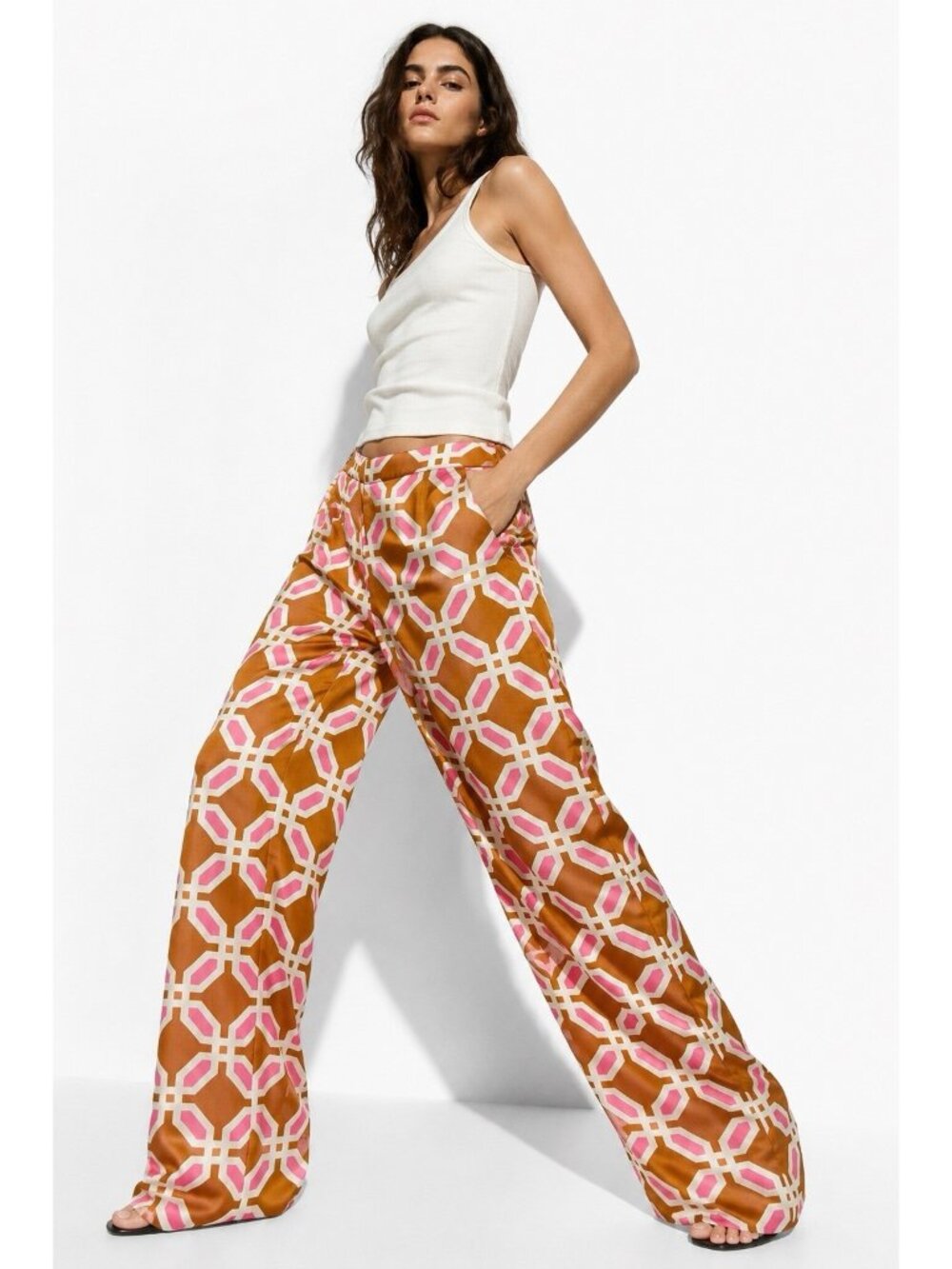 ZARA wide leg pants MEDIUM pajama style satin statement trouser retro mod chic